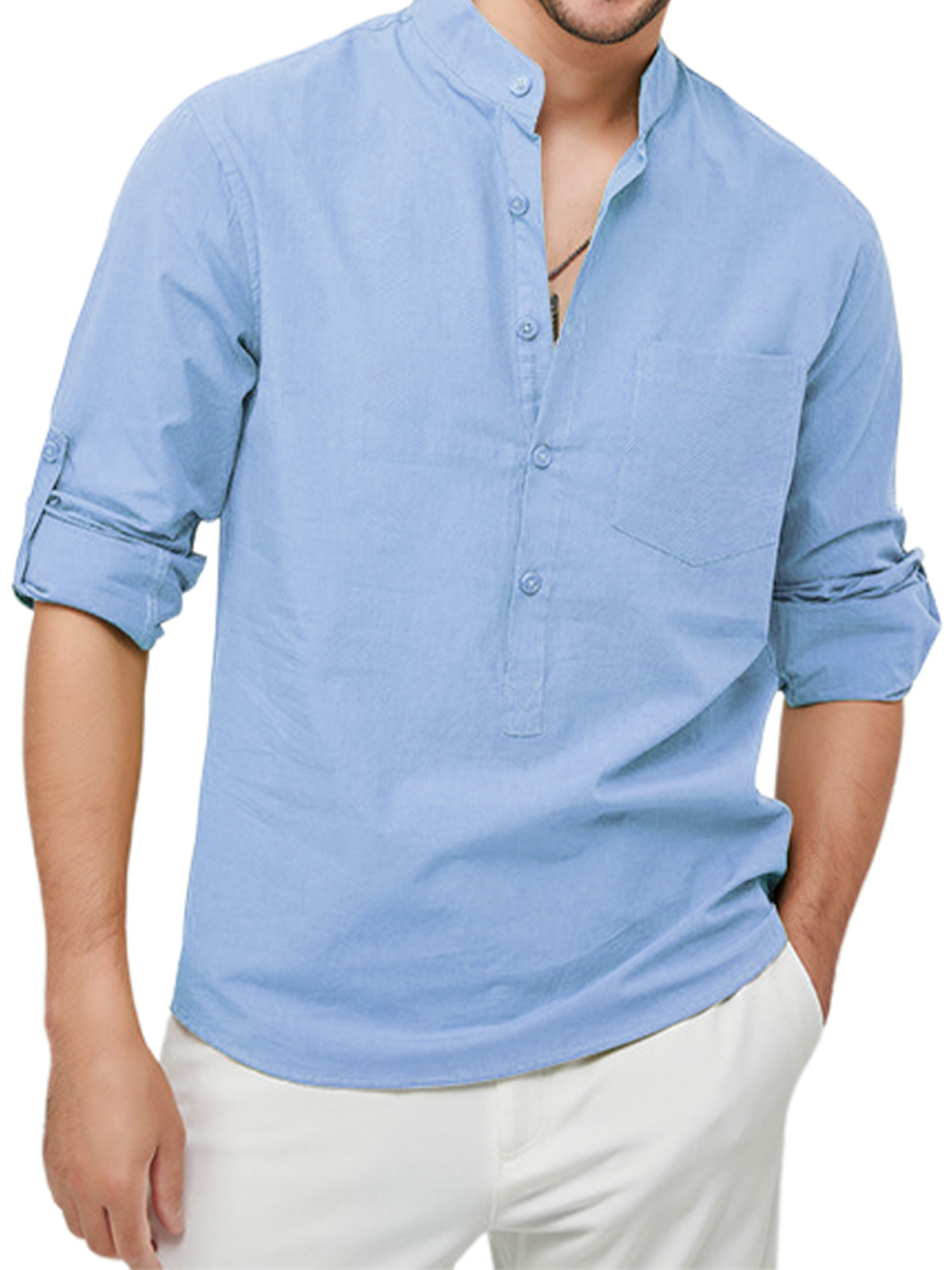 Men's cotton and linen solid color henley long sleeve shirt