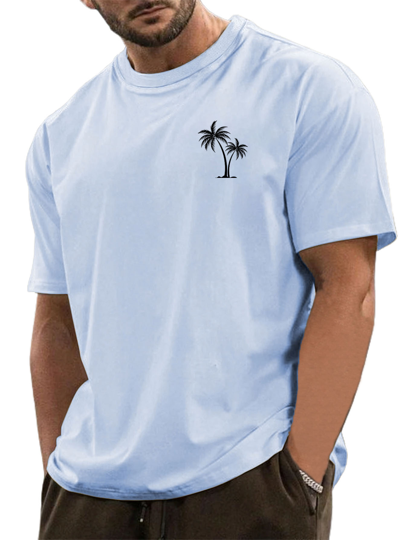 Men's Cotton Basic Hawaiian Palm Tree Print Short Sleeve T-Shirt