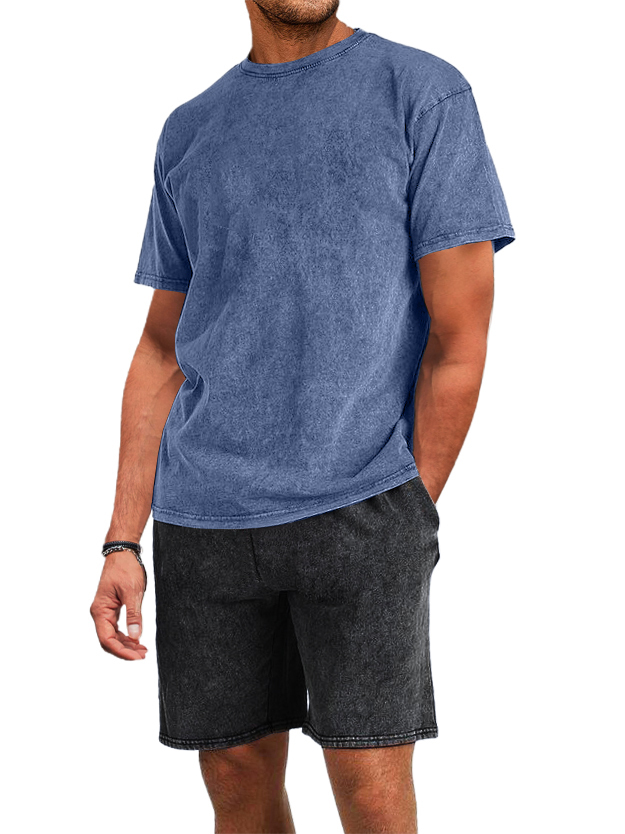 Men's 230g Cotton Washed And Distressed Batik T-shirt Shorts 2-piece Set