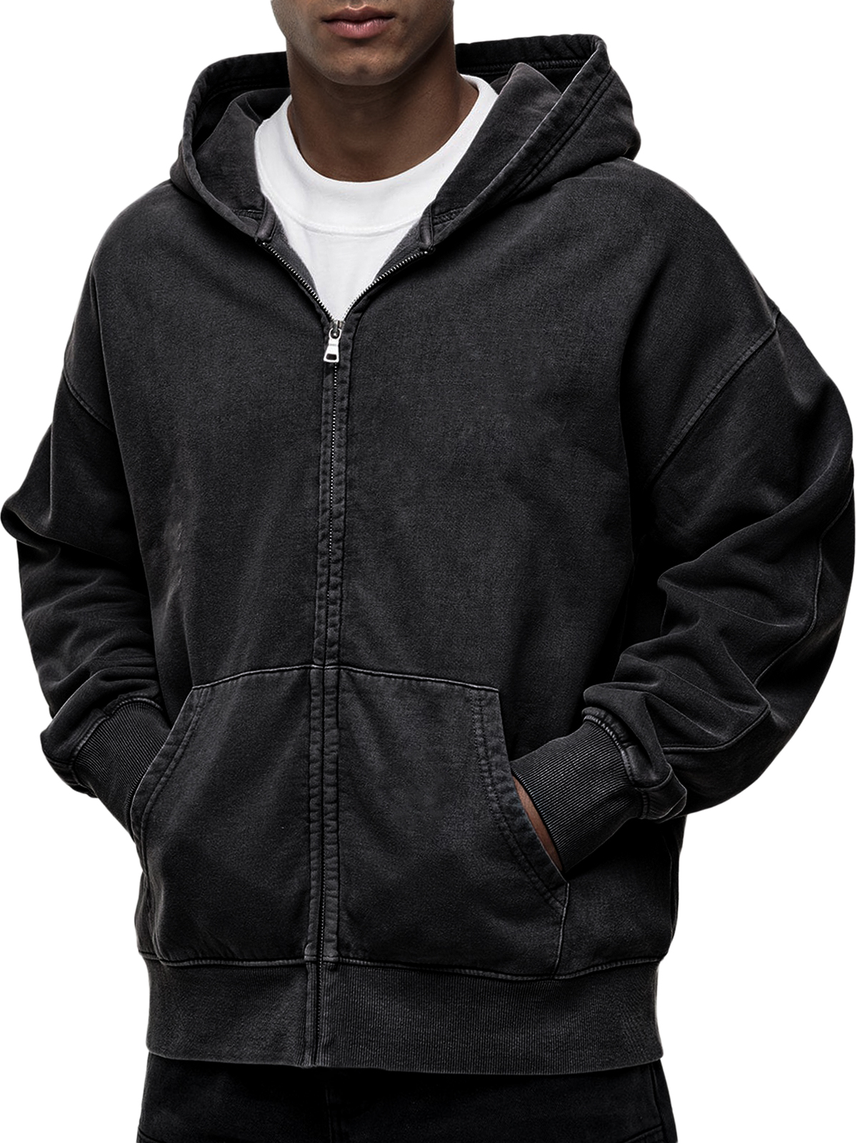 Men's Vintage Distressed Zip Basic Hooded Sweatshirt Jacket