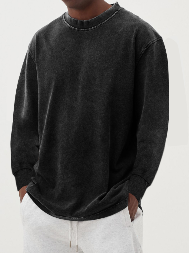 Men's 100% Cotton Washed Distressed Vintage Long-sleeved T-shirt