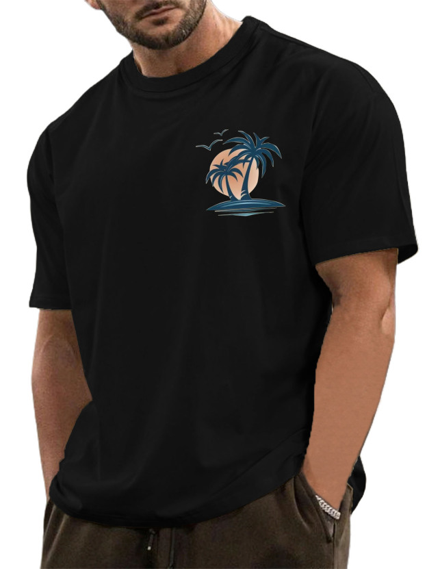 Men's Pure Cotton Basic Casual Simple Palm Tree Print Comfortable Short-sleeved T-shirt
