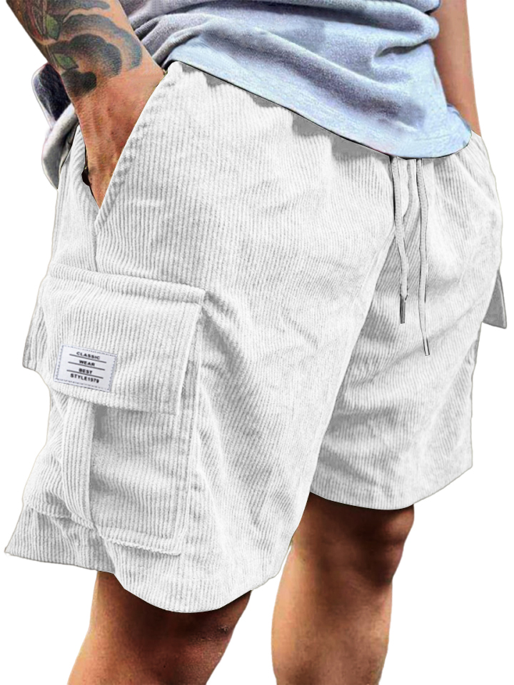 Men's Stylish Multi-pocket Vintage Corduroy Logo Embroidered Simple Casual Loose Shorts