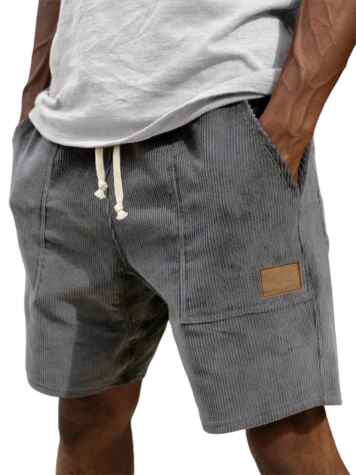 Men's Stylish Corduroy Simple Embroidered Label Flat Seam Pocket Lace-up Versatile Shorts