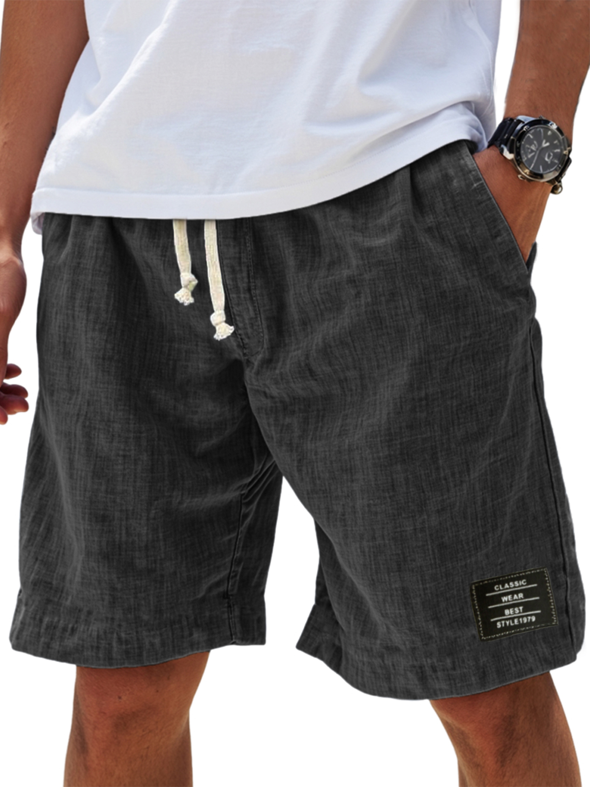Mens Linen Vacation Classic Embroidered Label Everyday Comfort Shorts