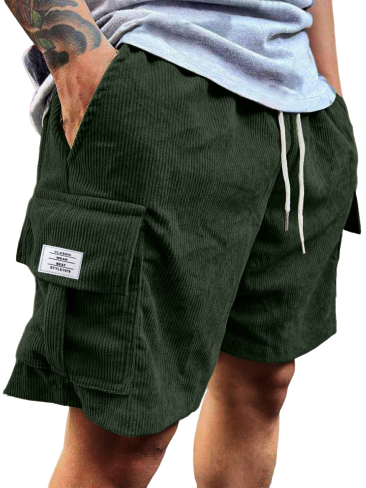 Men's Stylish Multi-pocket Vintage Corduroy Logo Embroidered Simple Casual Loose Shorts