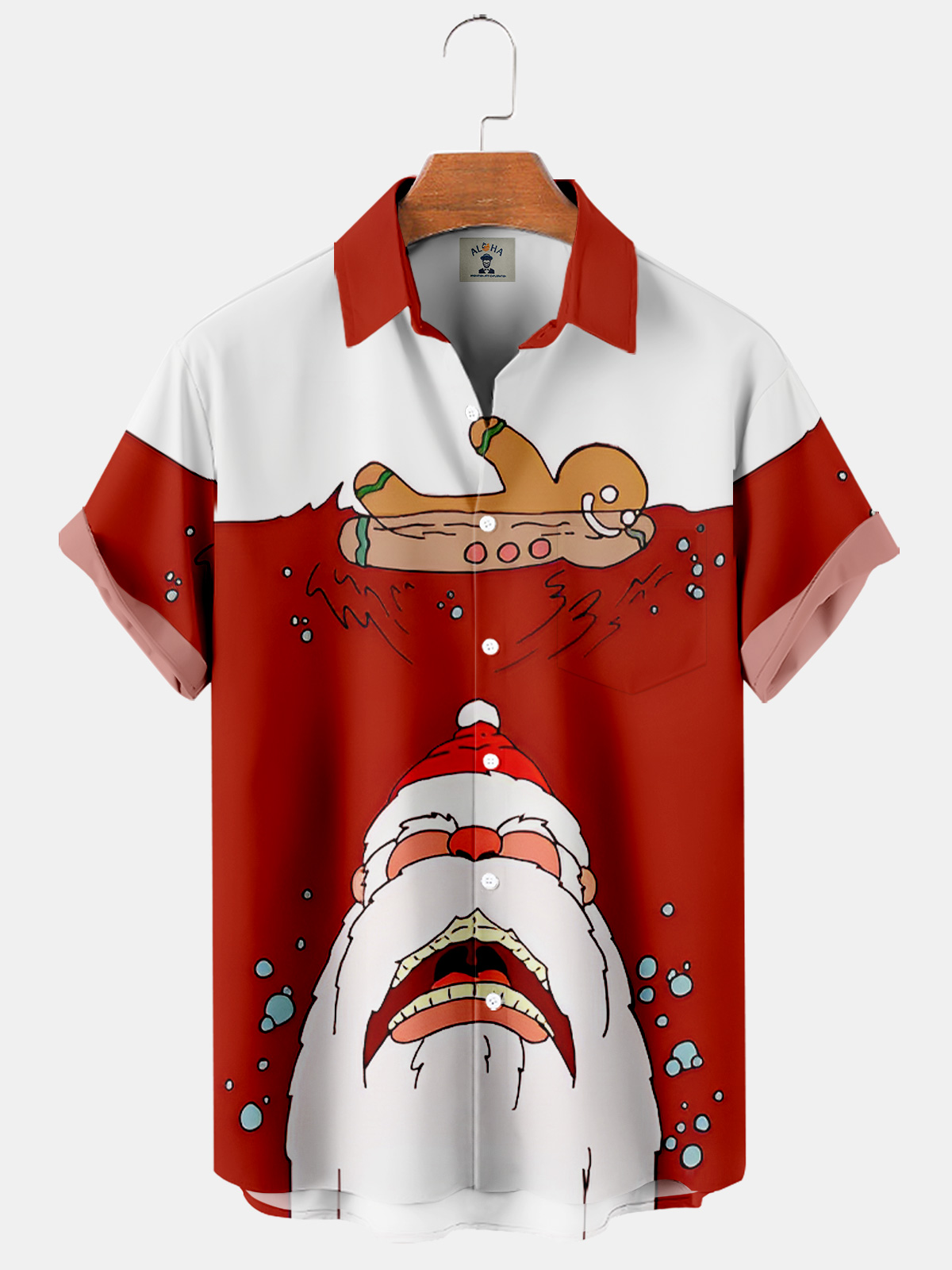Men's Fun Christmas Gingerbread Man Santa Swim Print Casual Short Sleeve Shirt