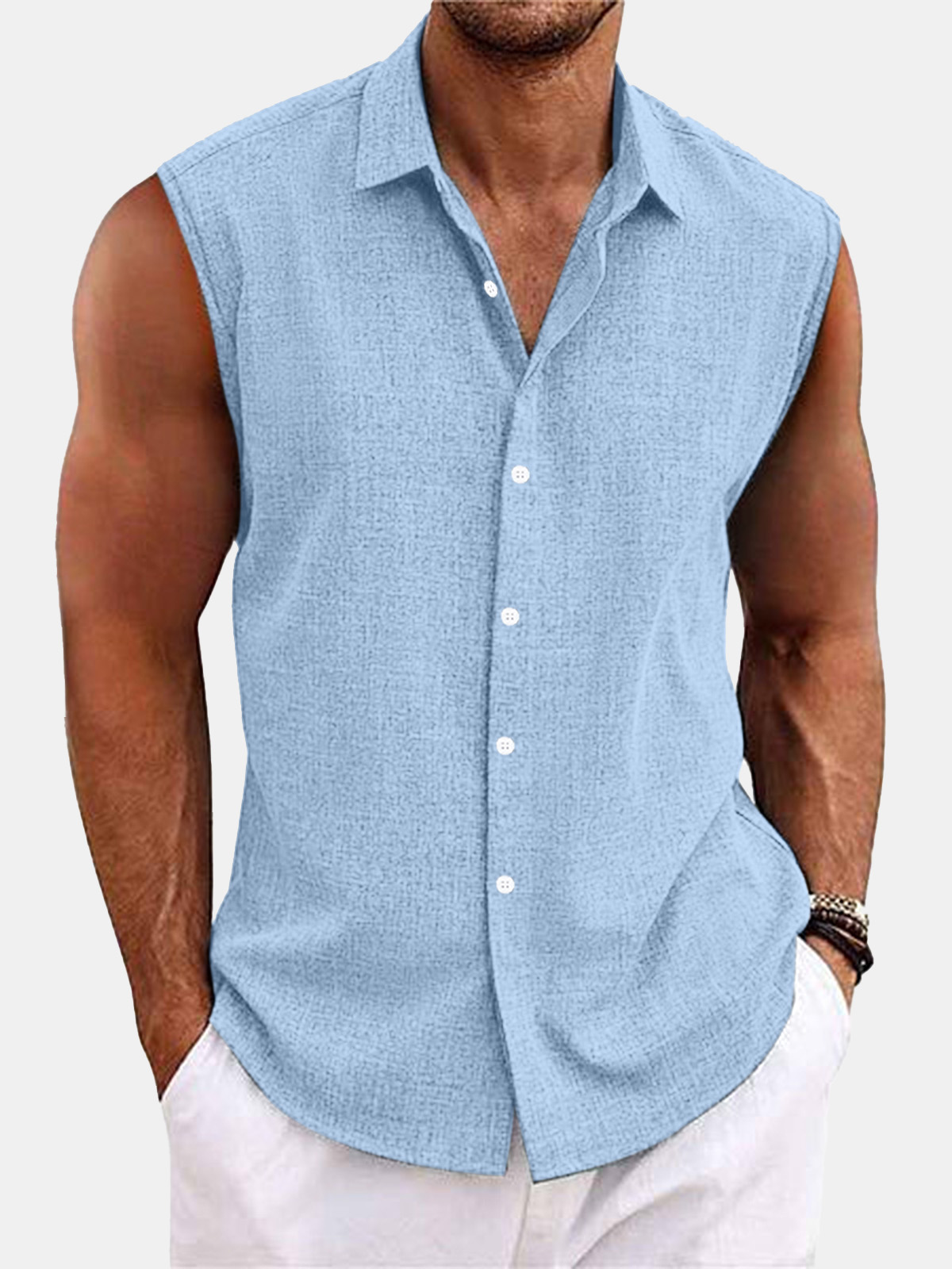 Men's Summer Comfortable Solid Color Imitation Linen Sleeveless Shirt