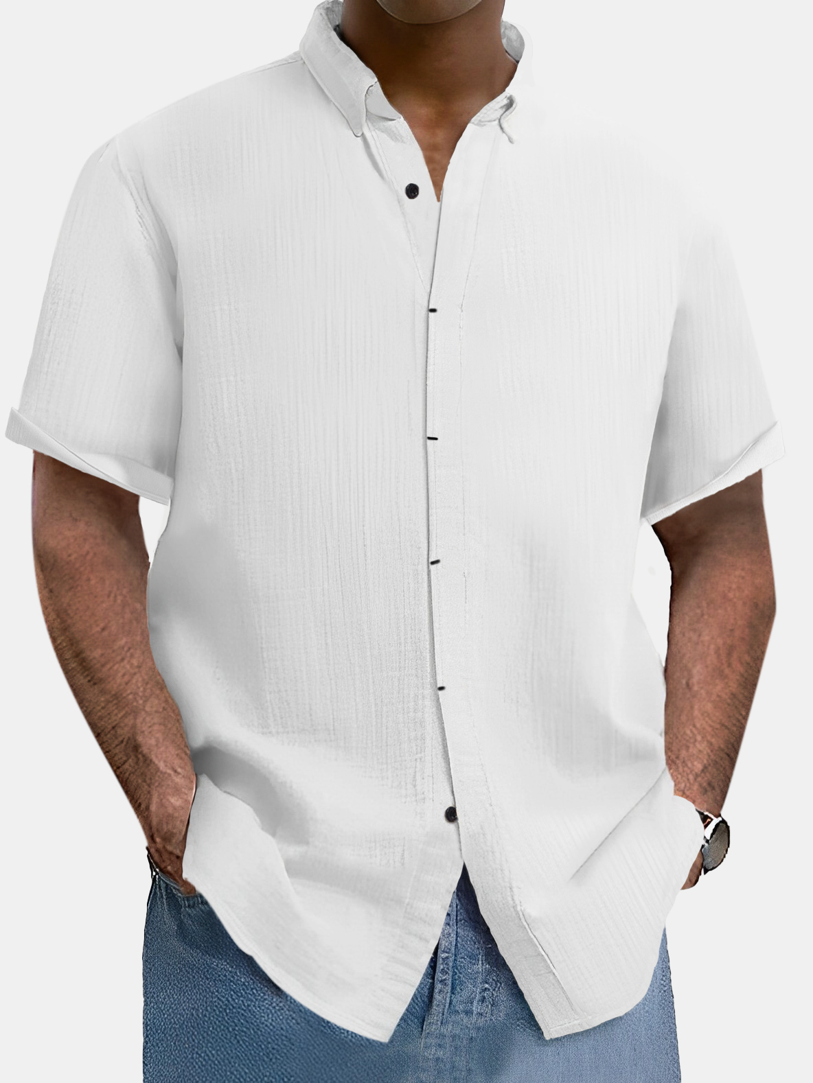 Men's comfortable solid color cotton and linen short-sleeved shirt