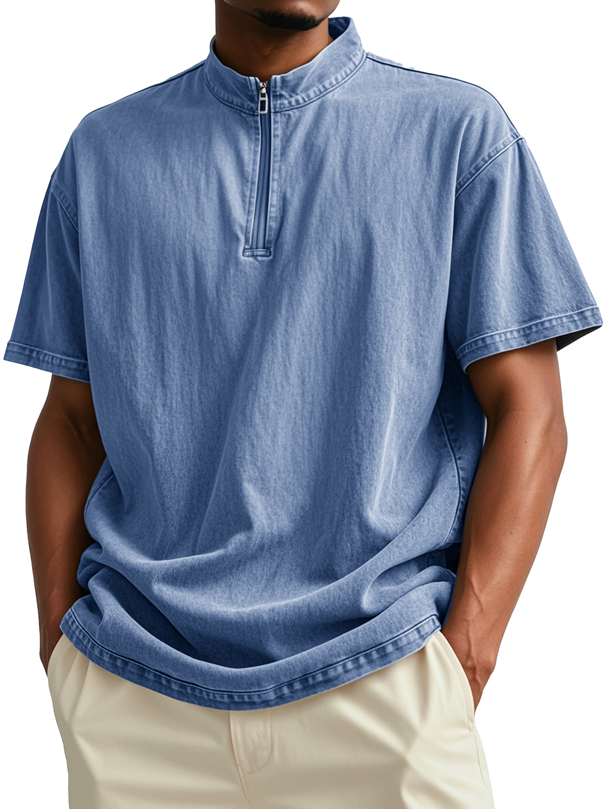 Men's Fashion Retro Distressed Short-sleeved Stand-up Collar Polo Shirt