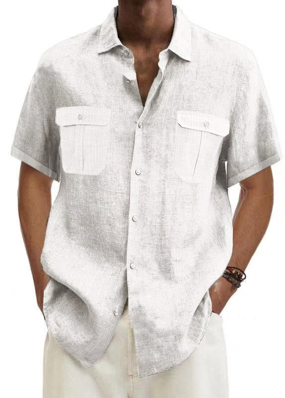 Men's Solid Color Double Pocket Cotton Linen Casual Short Sleeve Shirt