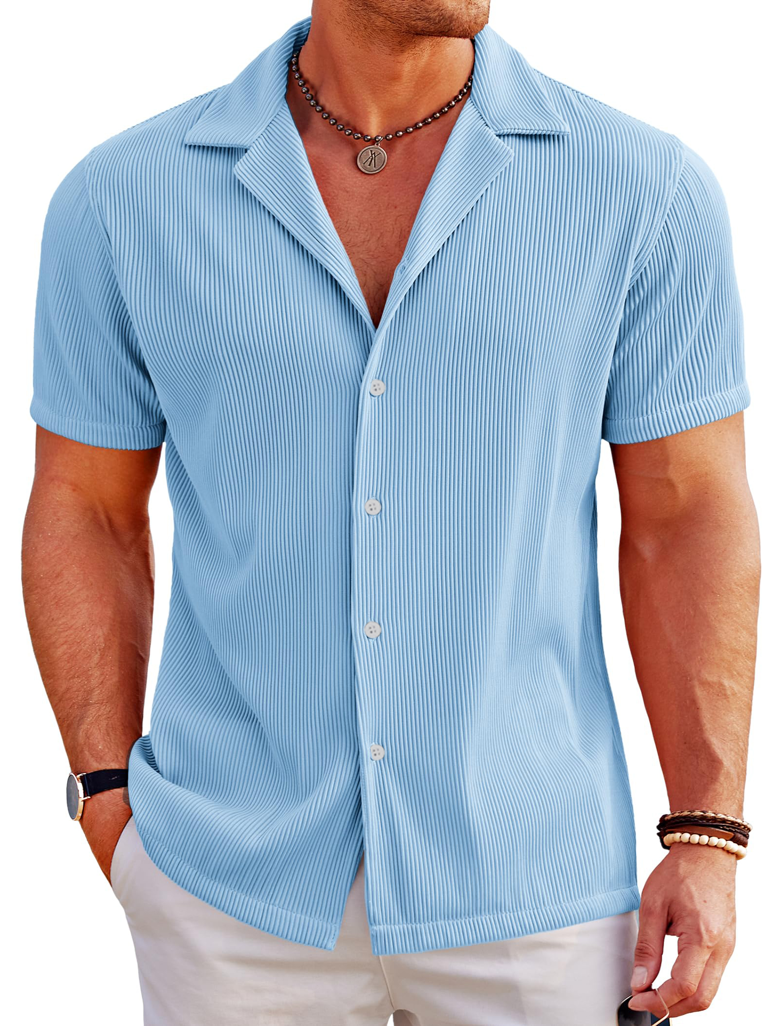 Men's Casual Solid Color Ribbed Cuban Collar Short-sleeved Shirt