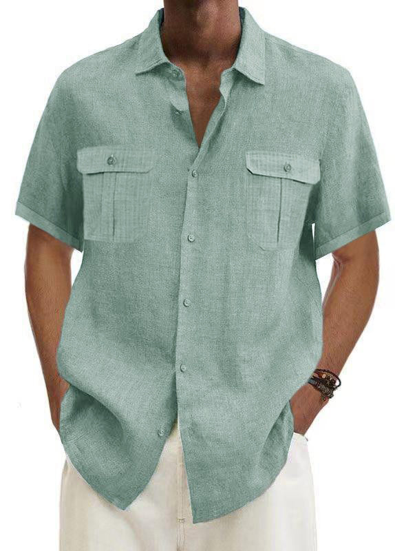 Men's Solid Color Double Pocket Cotton Linen Casual Short Sleeve Shirt