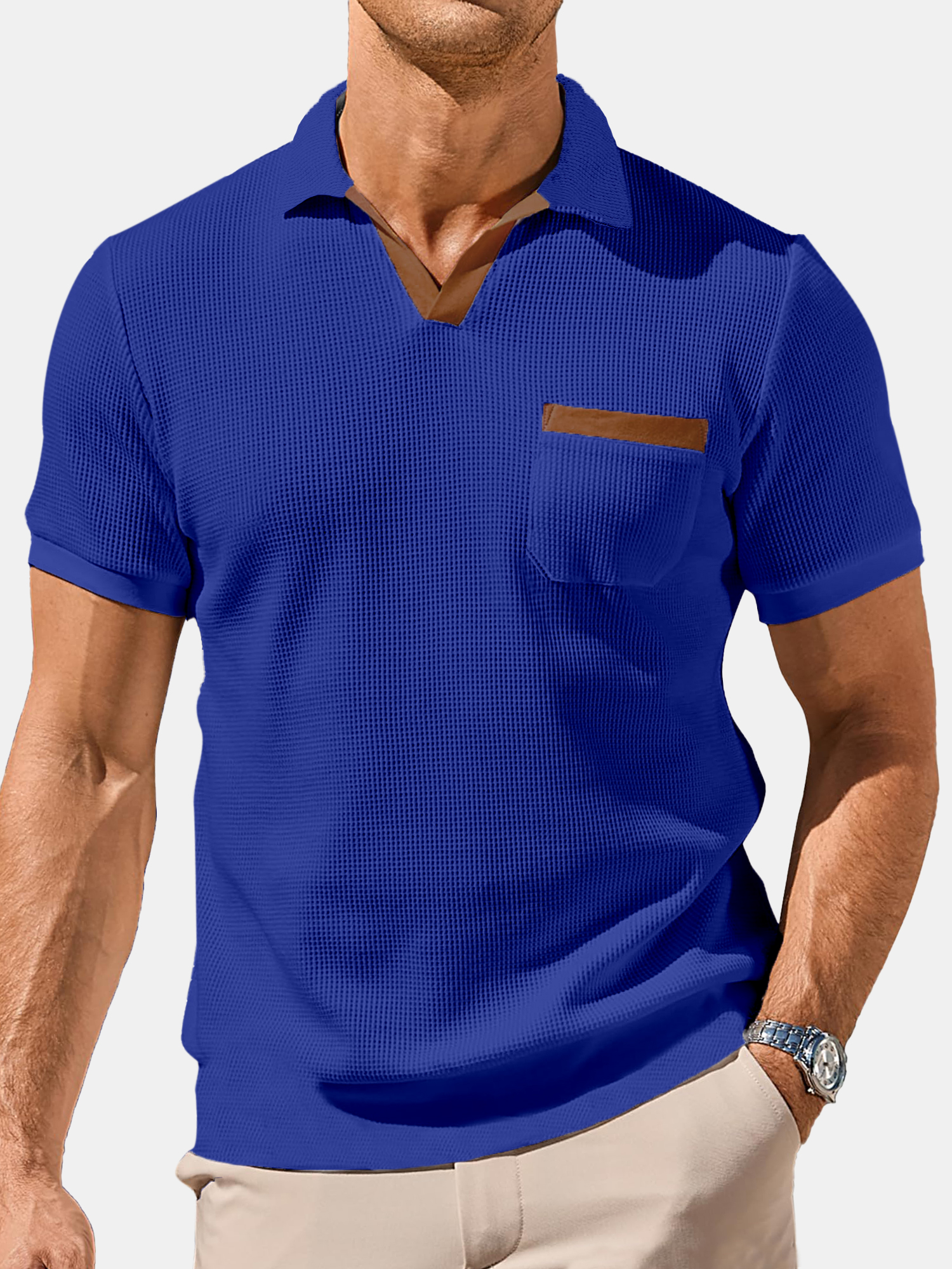 Men's Waffle Lapel Casual Contrast Color Short Sleeve Polo Shirt