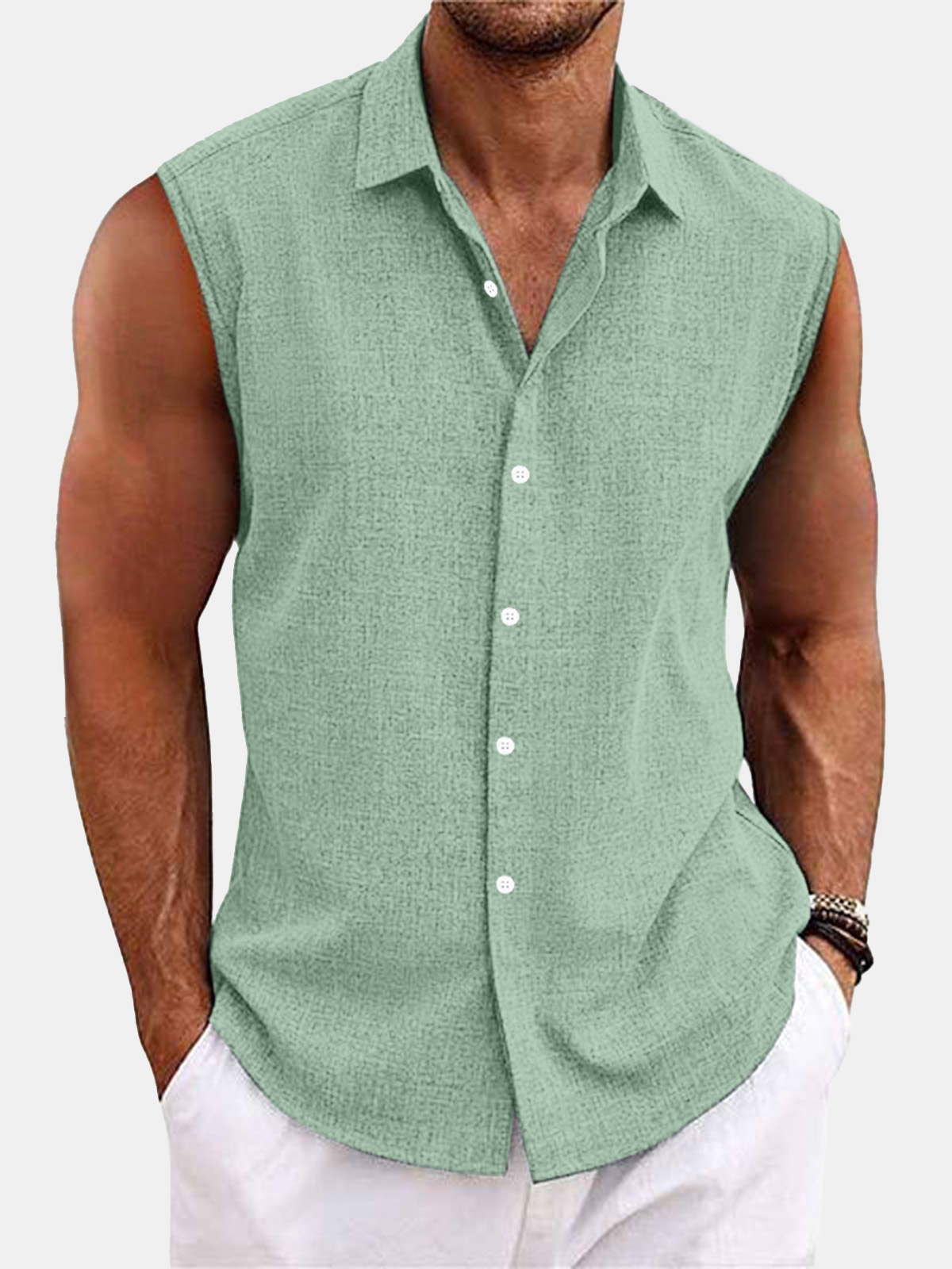 Men's Summer Comfortable Solid Color Imitation Linen Sleeveless Shirt
