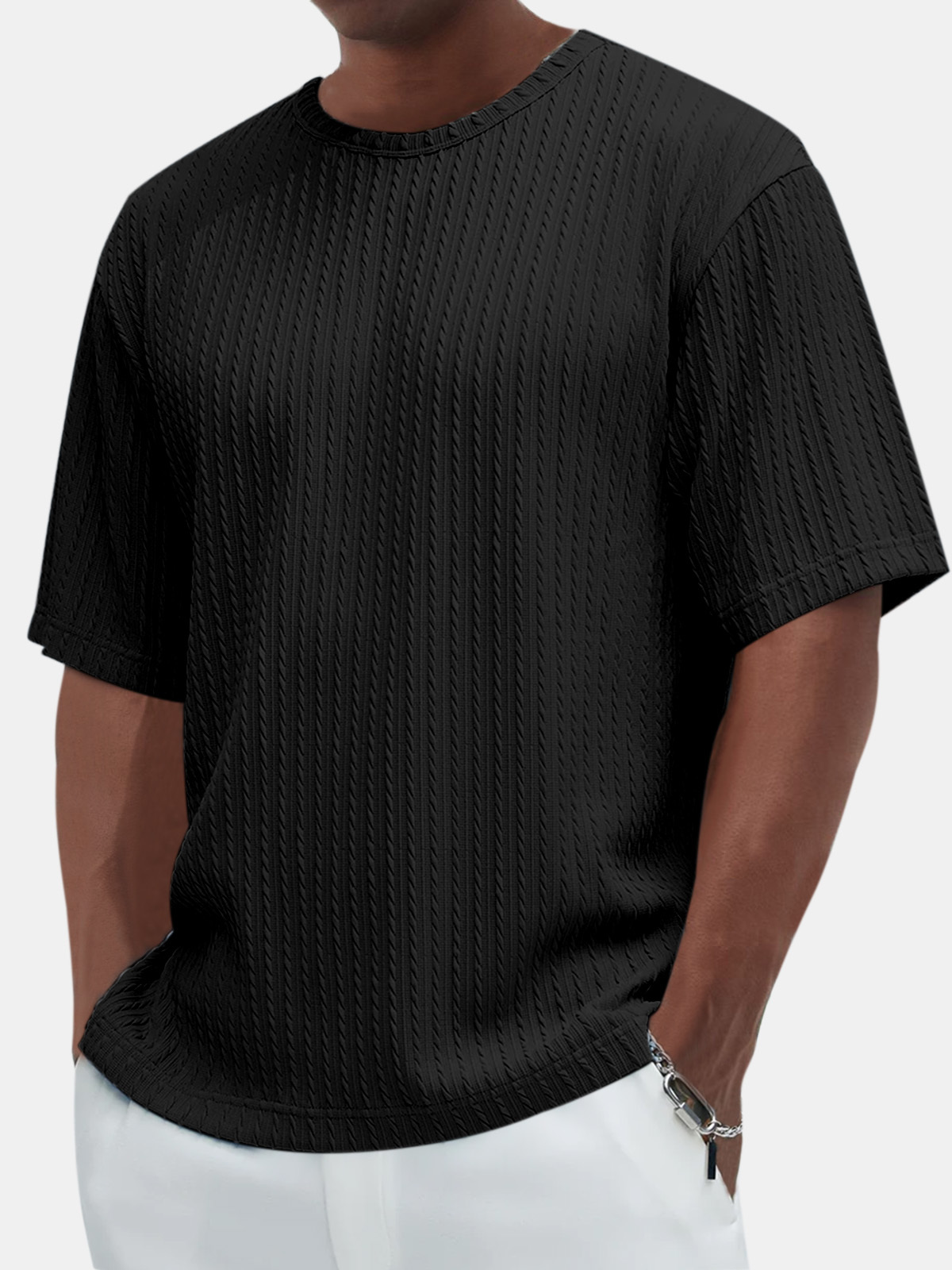 Men's Cotton Casual Basic Jacquard Texture Short-sleeved T-shirt