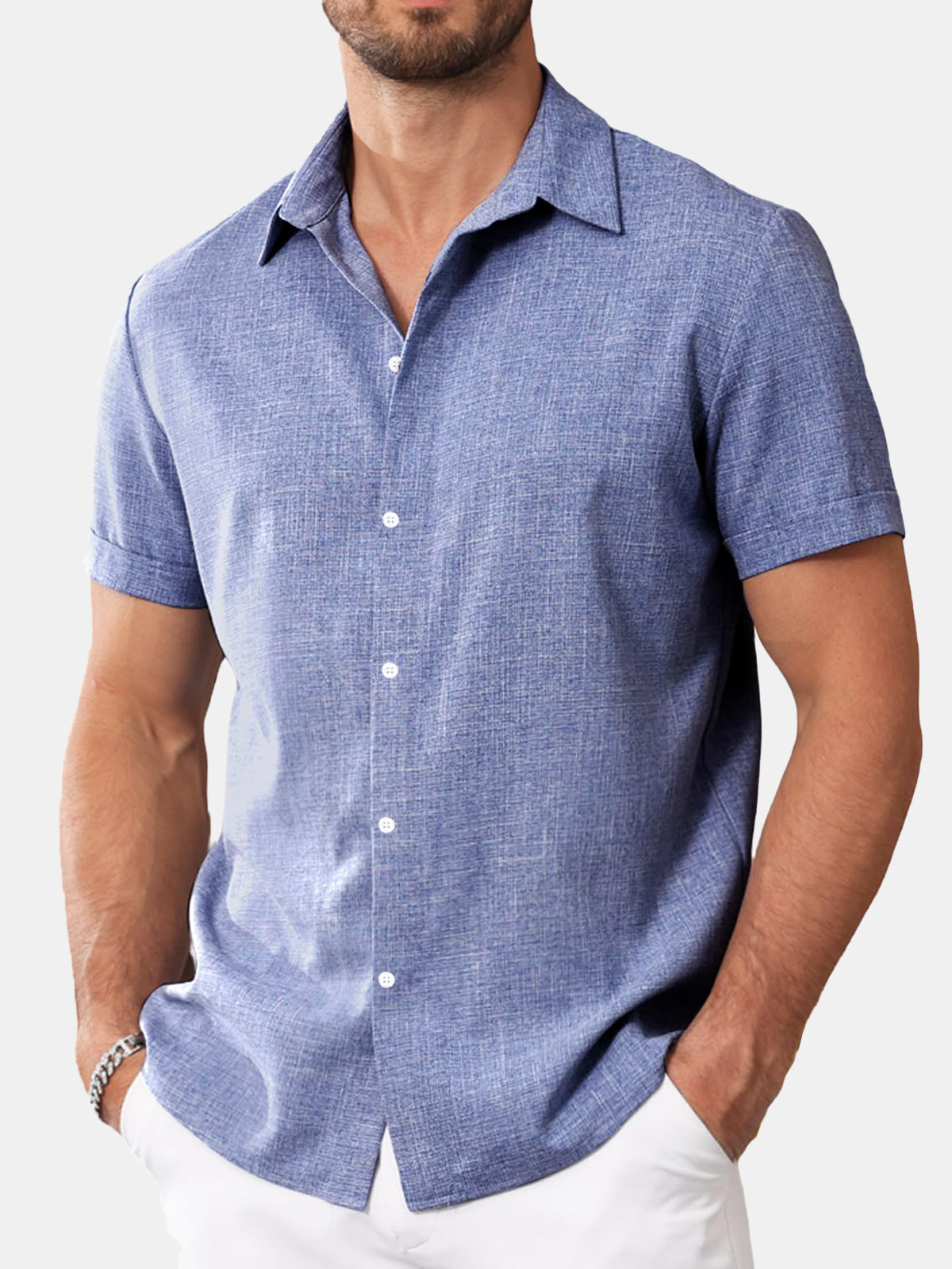 Men's Summer Comfortable Imitation Linen Solid Color Daily Short-sleeved Shirt