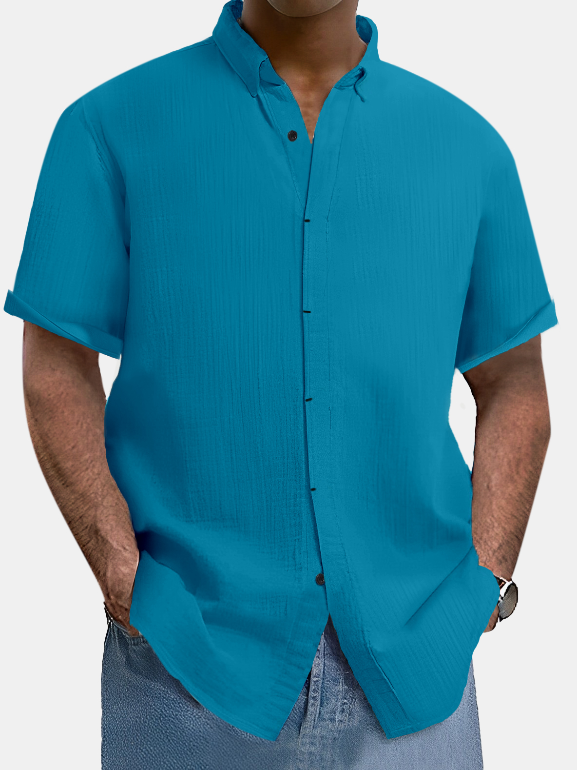 Men's comfortable solid color cotton and linen short-sleeved shirt