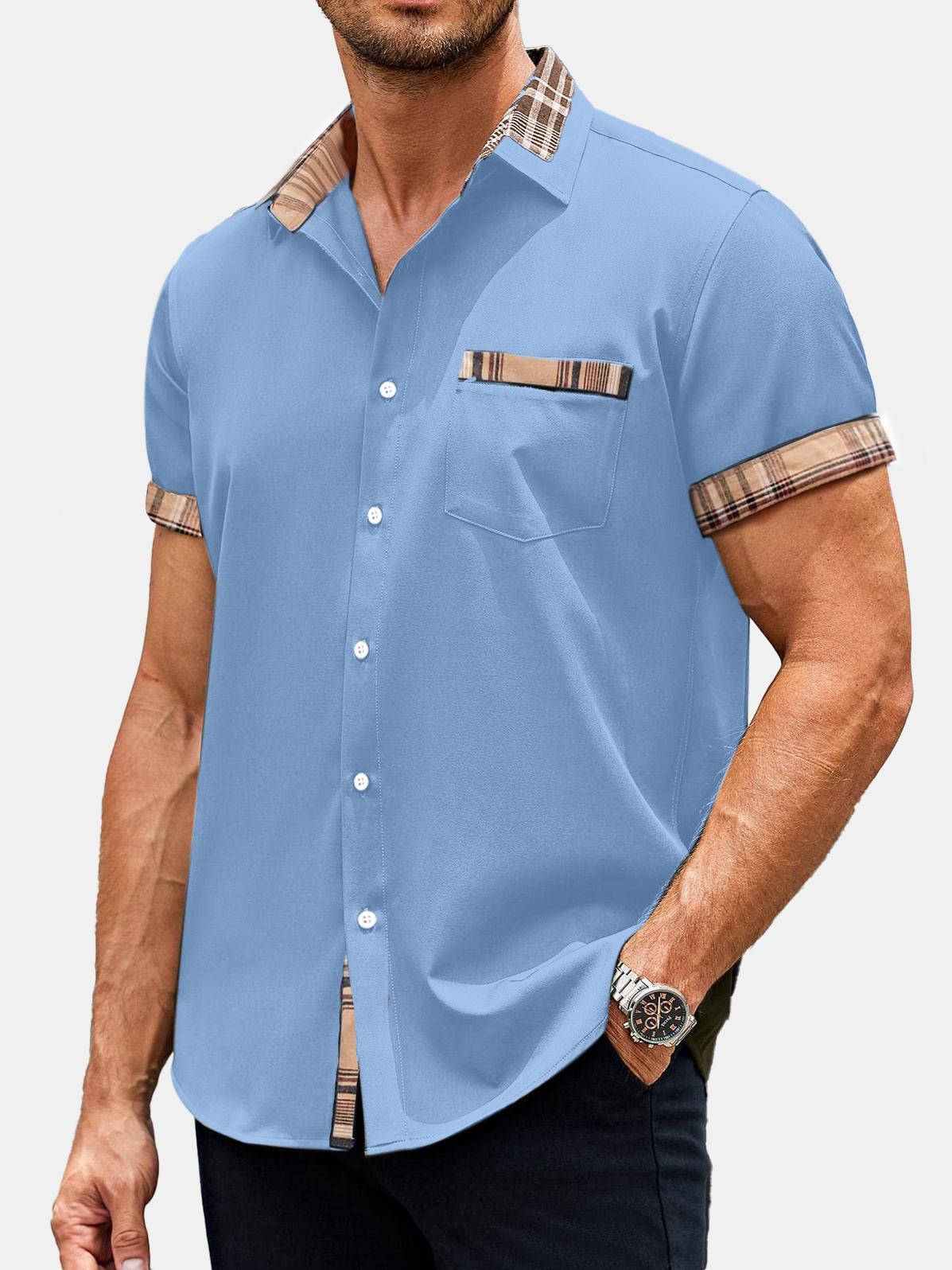 Men's Casual Fashion Checkered Contrast Short Sleeve Shirt