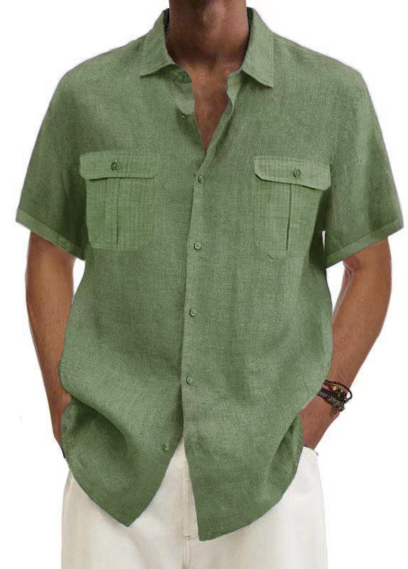 Men's Solid Color Double Pocket Cotton Linen Casual Short Sleeve Shirt-Mokaloha