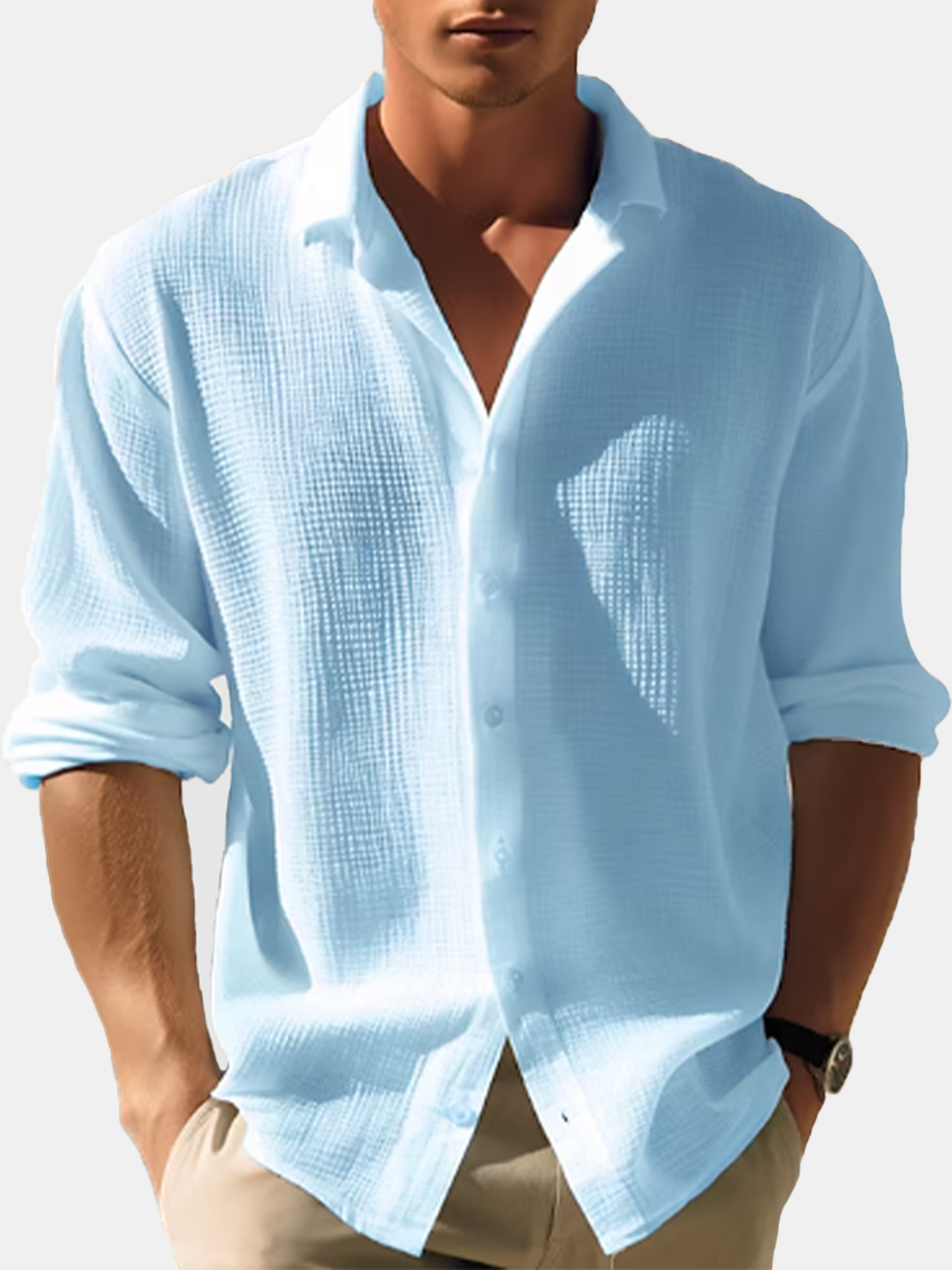 Men's Solid Color Comfortable Waffle Long Sleeve Shirt