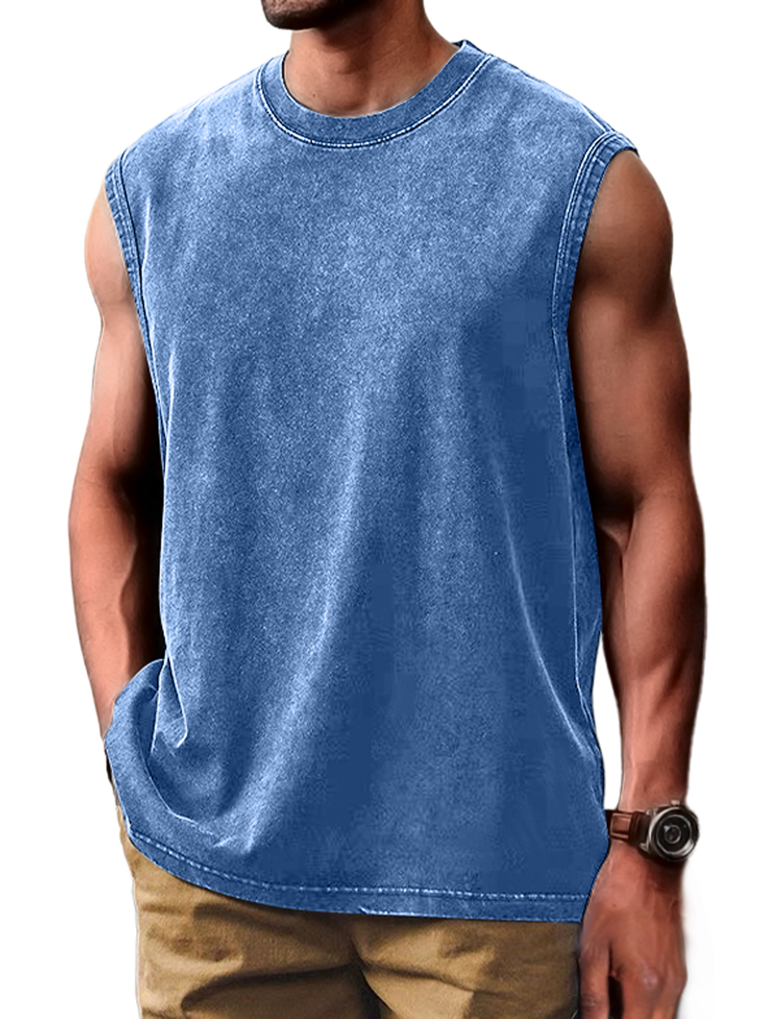 Men's Retro Distressed Fashion Round Neck Casual Solid Color Sleeveless Vest