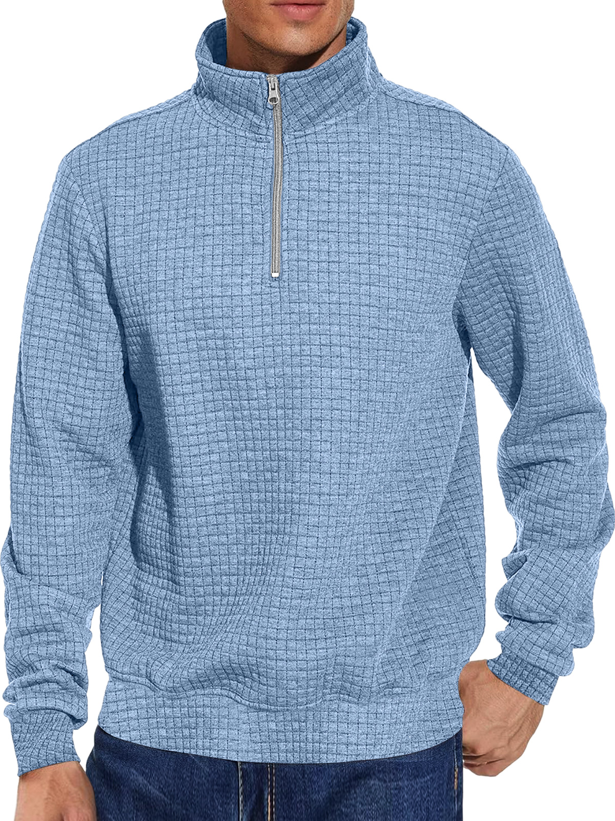 Men's Casual Stand Collar Zipper Checkered Solid Color Comfortable Sweatshirt