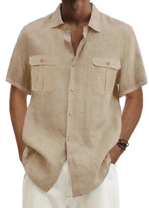 Men's Solid Color Double Pocket Cotton Linen Casual Short Sleeve Shirt