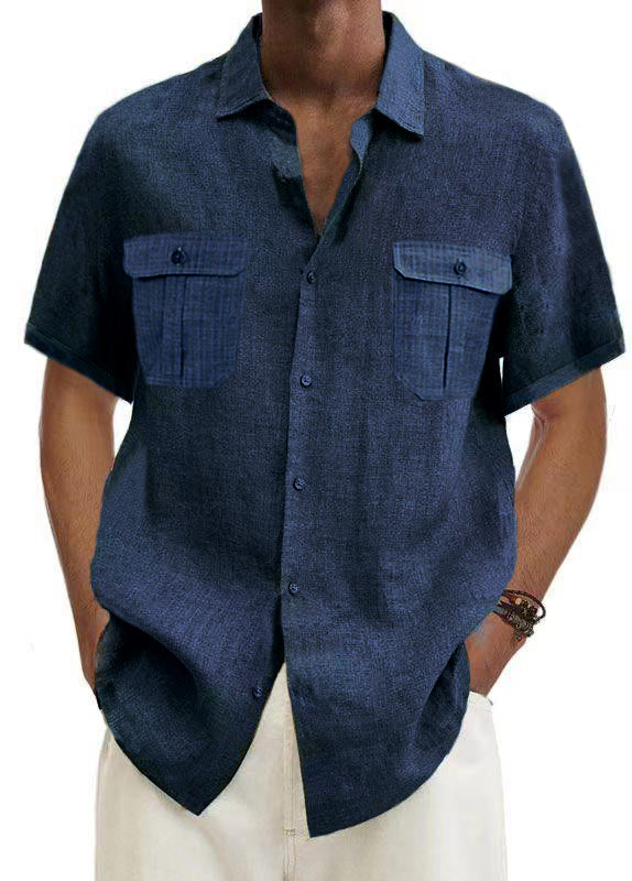 Men's Solid Color Double Pocket Cotton Linen Casual Short Sleeve Shirt