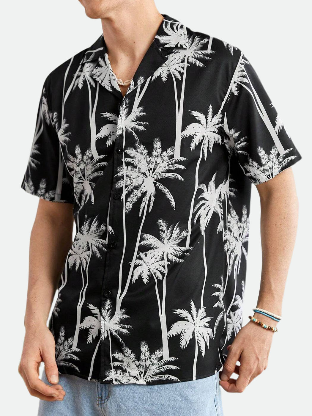 Men's Printed Cuban Collar Brown And Green Daily Beach Vacation Casual Short-sleeved Shirt