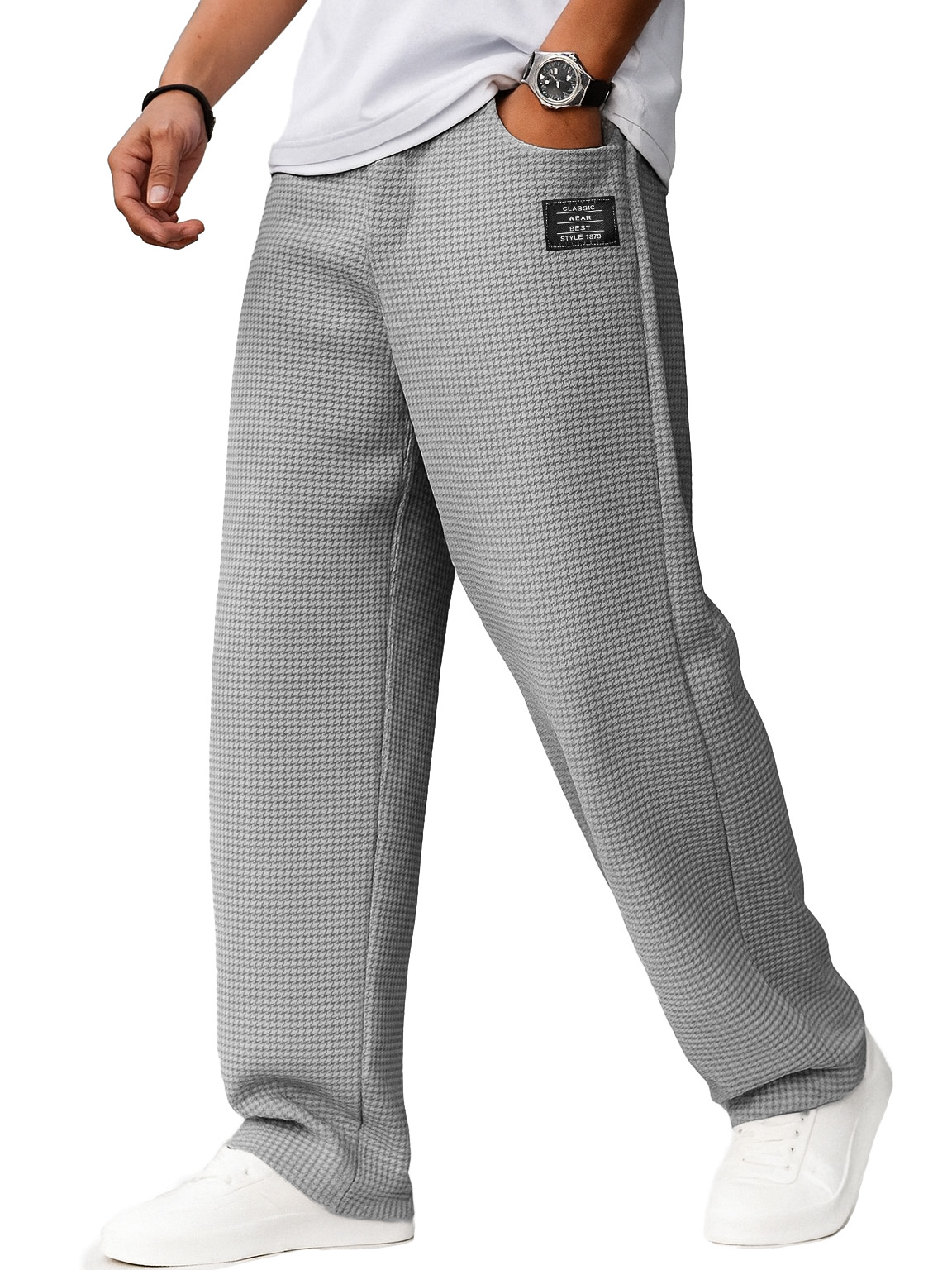Men's Stylish Everyday Waffle Fabric Pants With Loose-fitting Drawstring Waist And Embroidered Logo