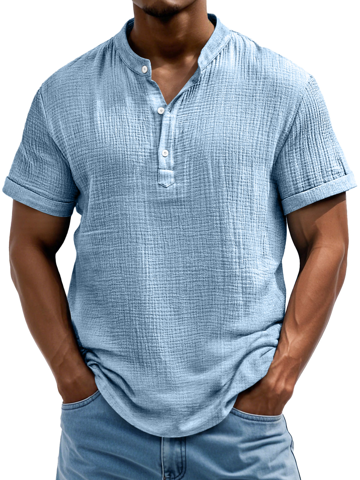 Men's Daily Casual Textured Half-Placket Henley Short Sleeve Shirt