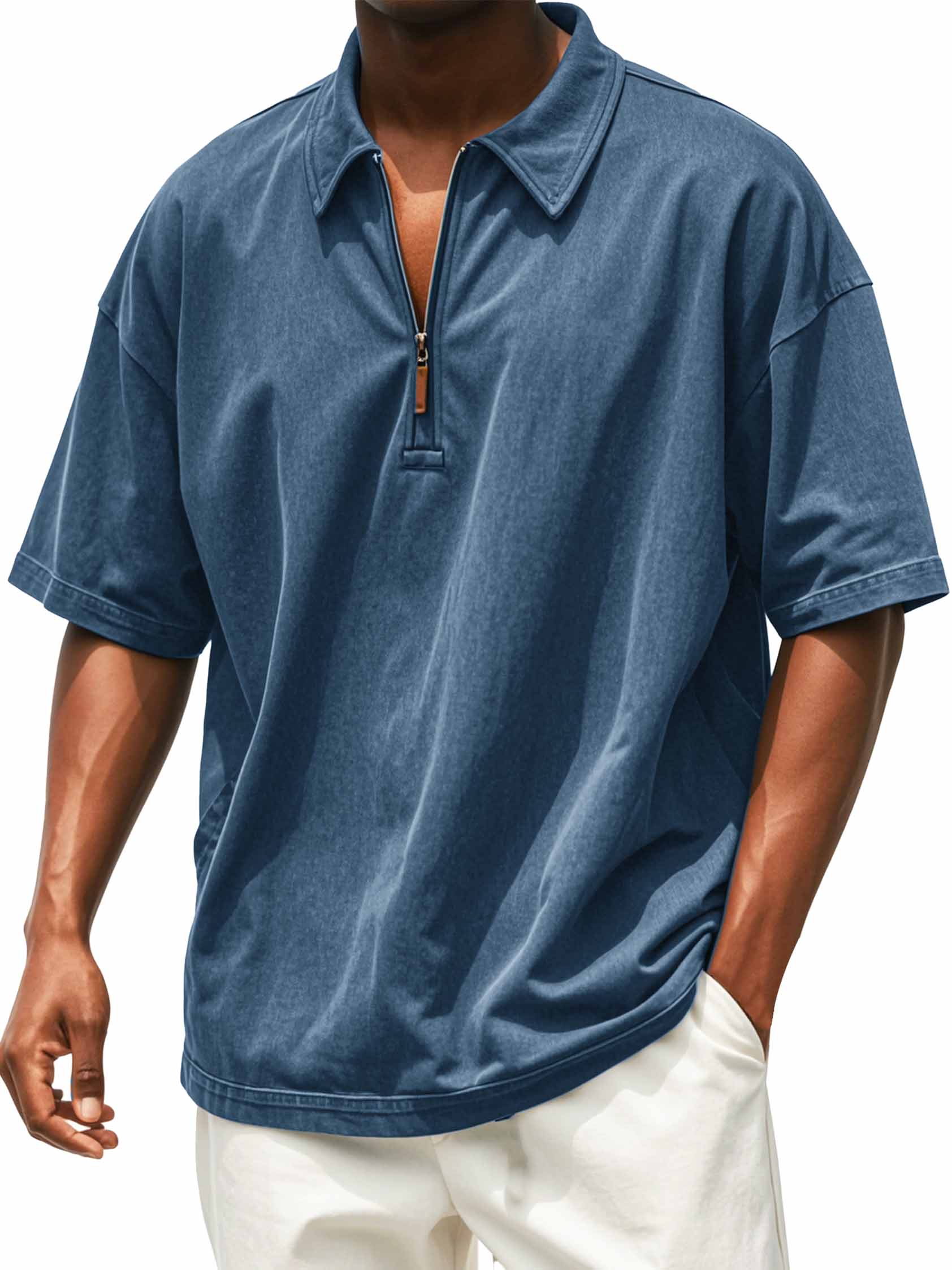 Men's Retro Distressed Zip Short Sleeve Polo Shirt