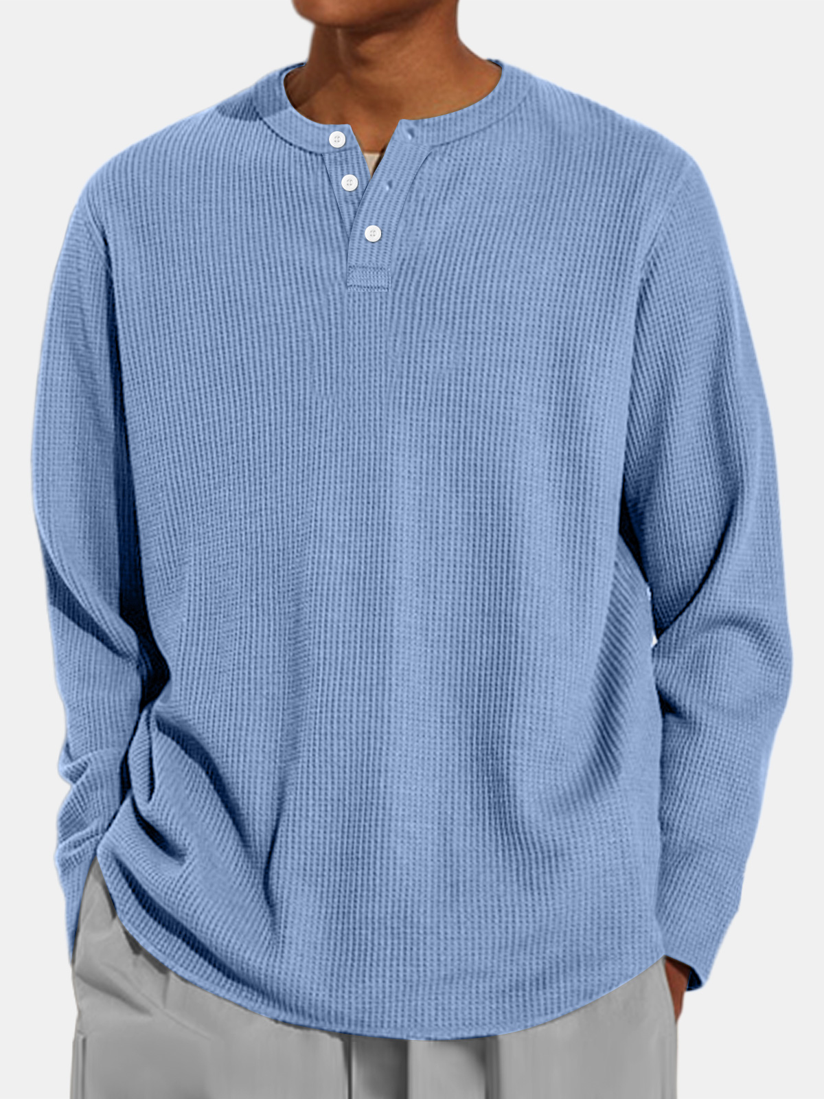Men's Casual Waffle Solid Color Comfort Long Sleeve Henley