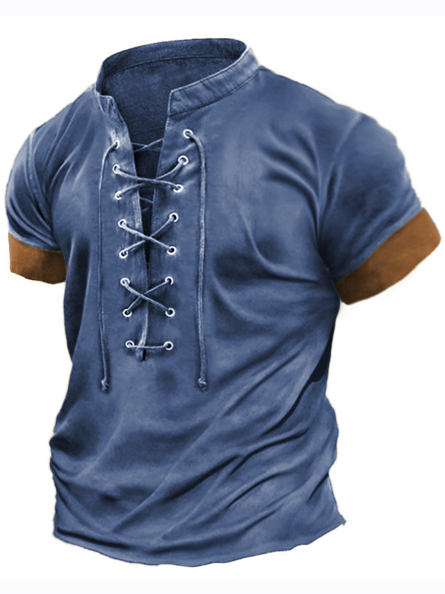 Men's Retro V-neck Lace-up Casual Colorblock Short-Sleeved T-shirt