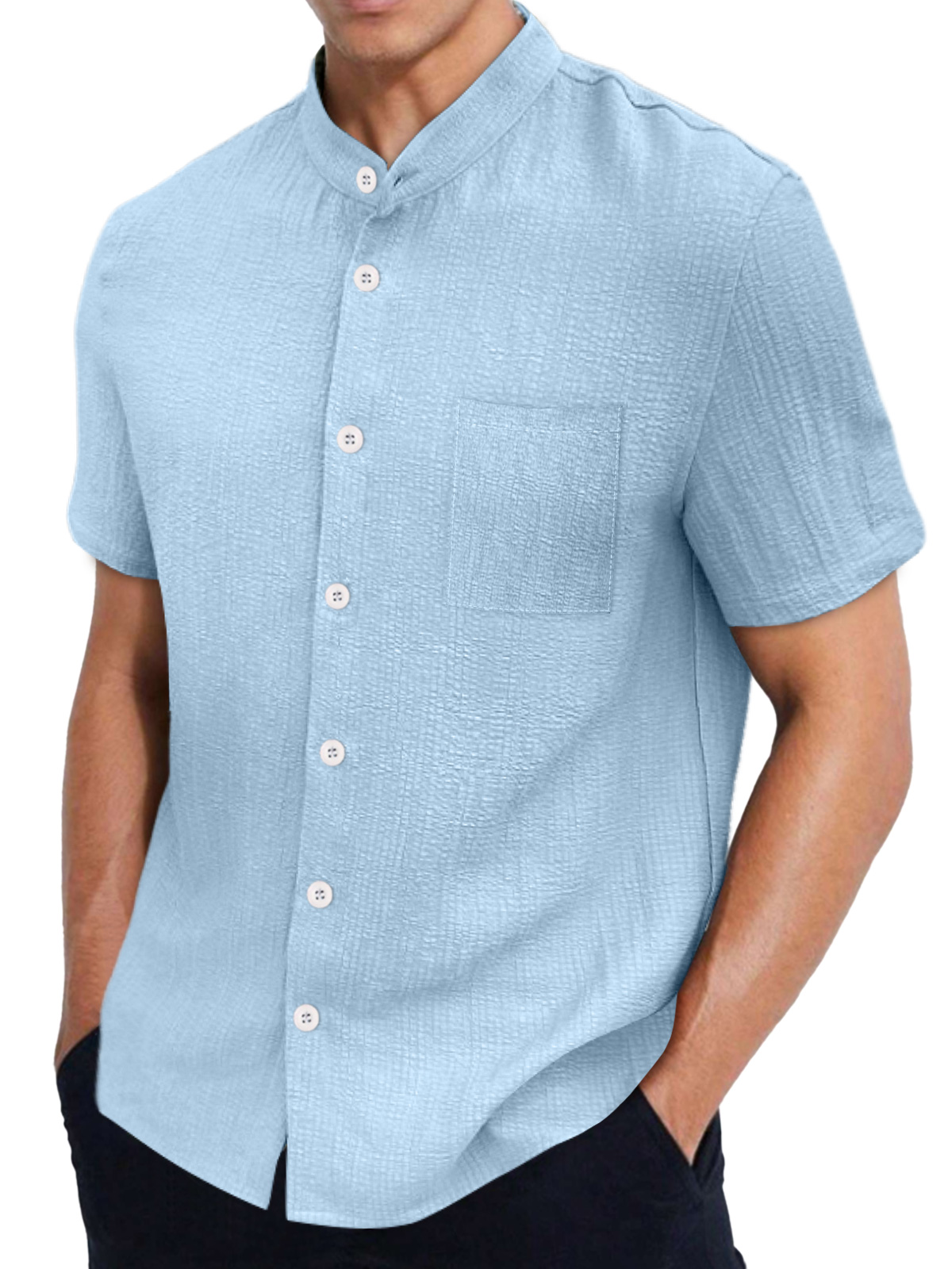 Men's Off Summer Stand Collar Puff Pleated Pocket Short Sleeve Shirt