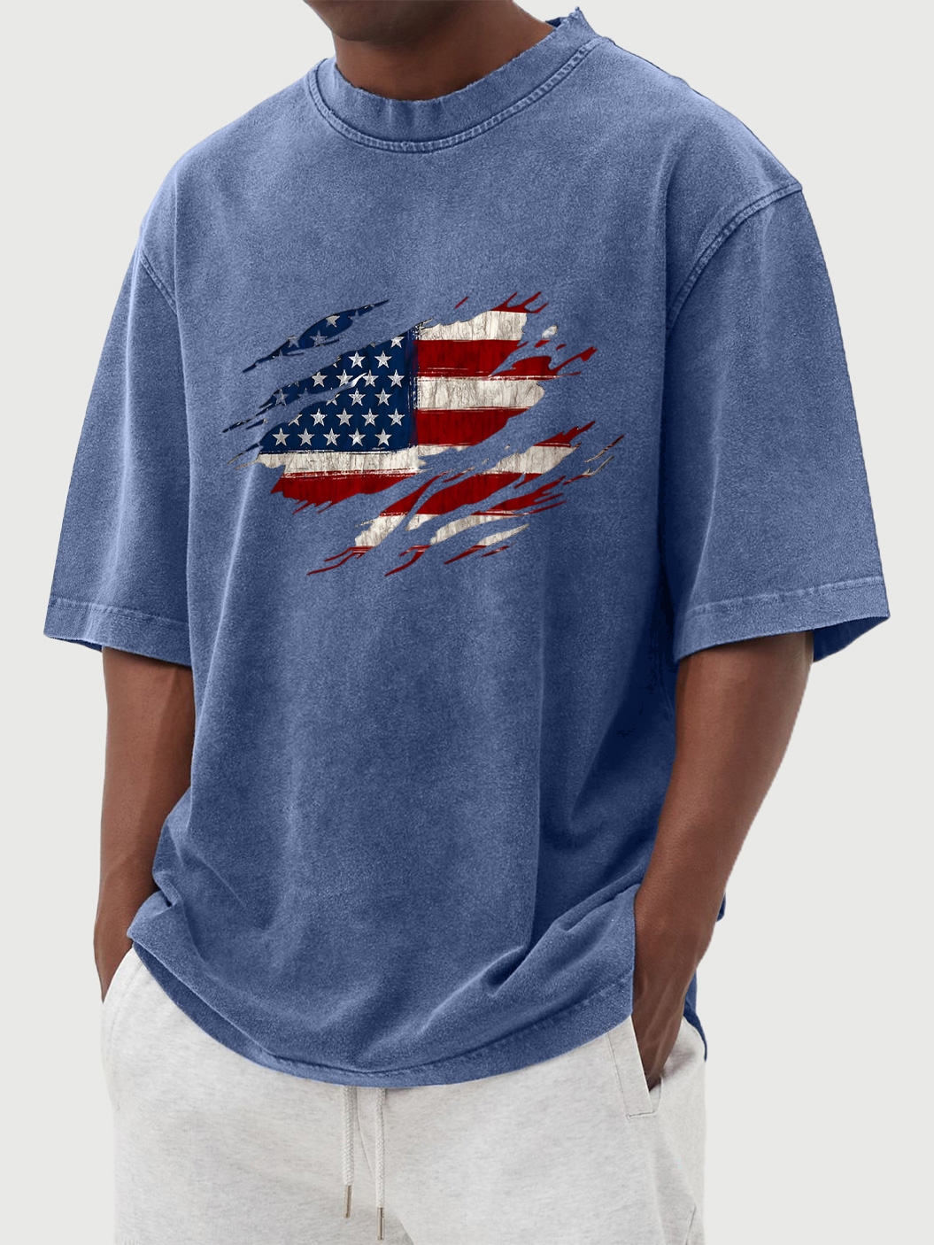 Men's vintage washed flag print cotton short-sleeved T-shirt