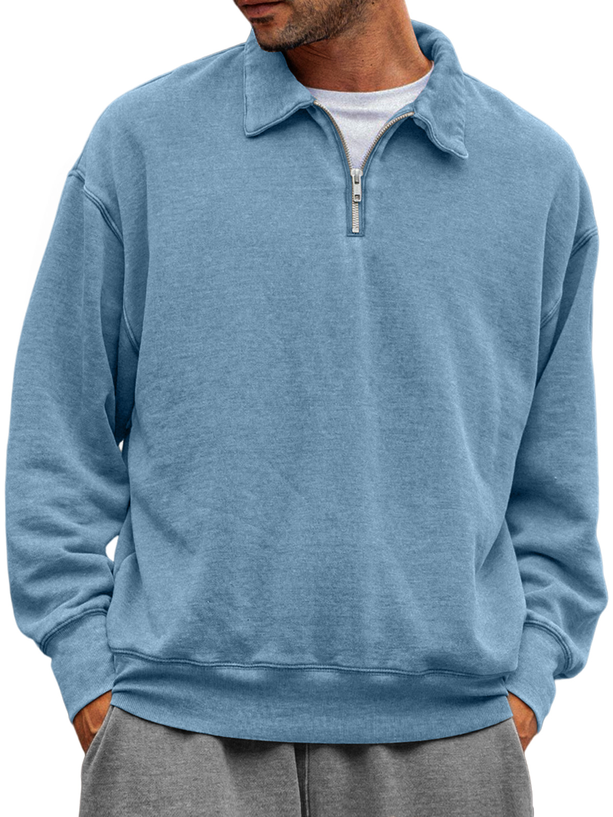 Men's Casual Half-zip Lapel Solid Color Comfortable Sweatshirt