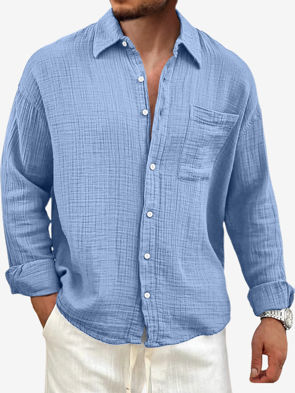 Men's Puff Wrinkle Casual Solid Color Pocket Lapel Long Sleeve Shirt