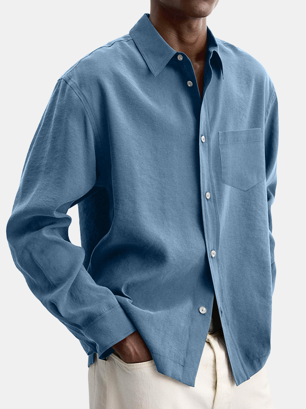 Men's Casual Basic Solid Color Lapel Pocket Long Sleeve Shir