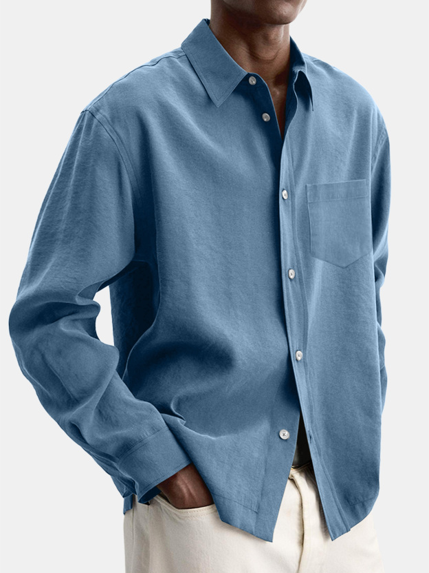 Men's Casual Basic Solid Color Lapel Pocket Long Sleeve Shir