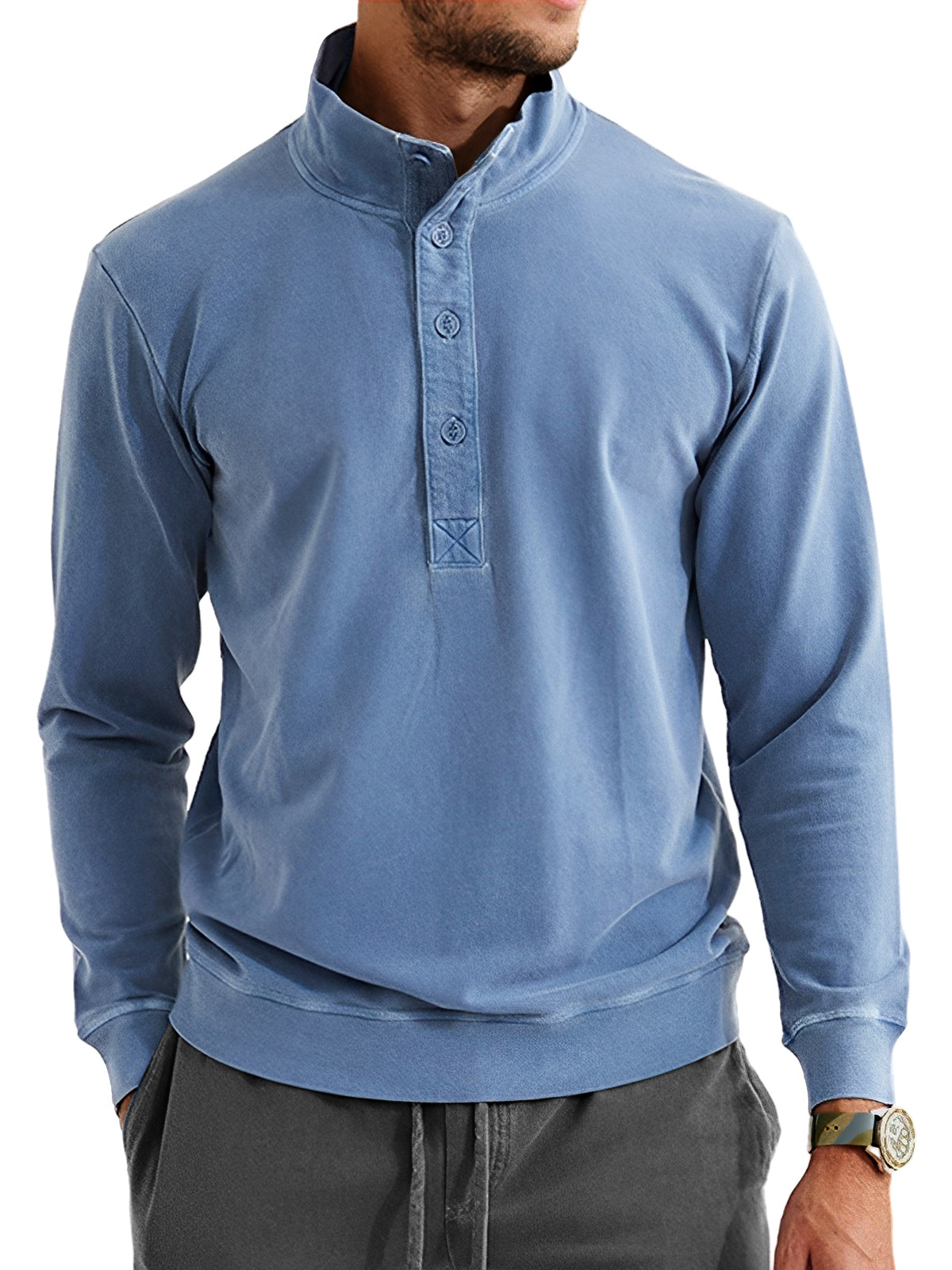 Men's Retro Casual Stand Collar Button Solid Color Sweatshirt