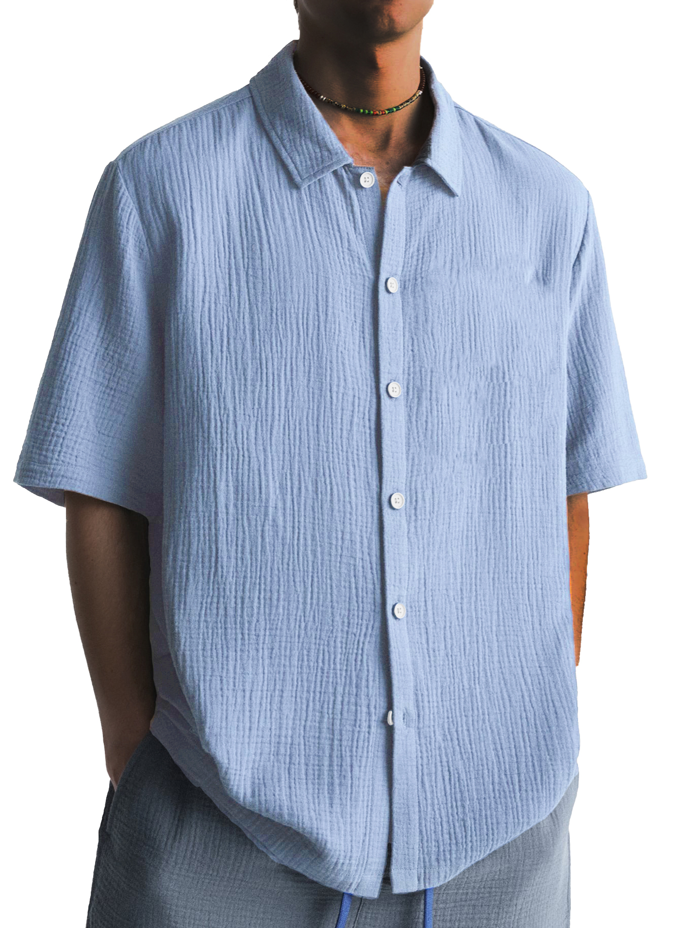 Men's Fashion Pleated Casual Lapel Short Sleeve Shirt