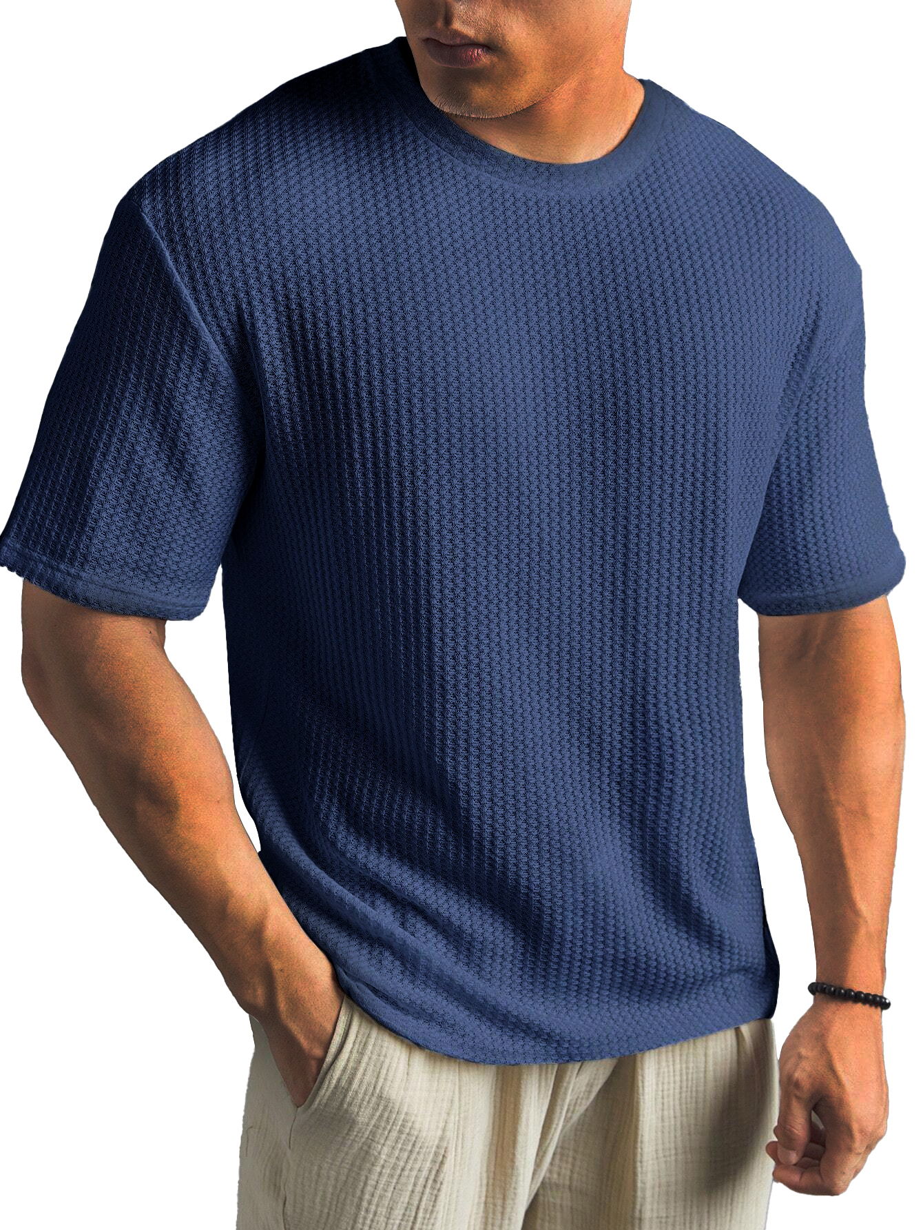 Fashionable Waffle Fabric Round Neck Short-sleeved Bottoming T-shirt