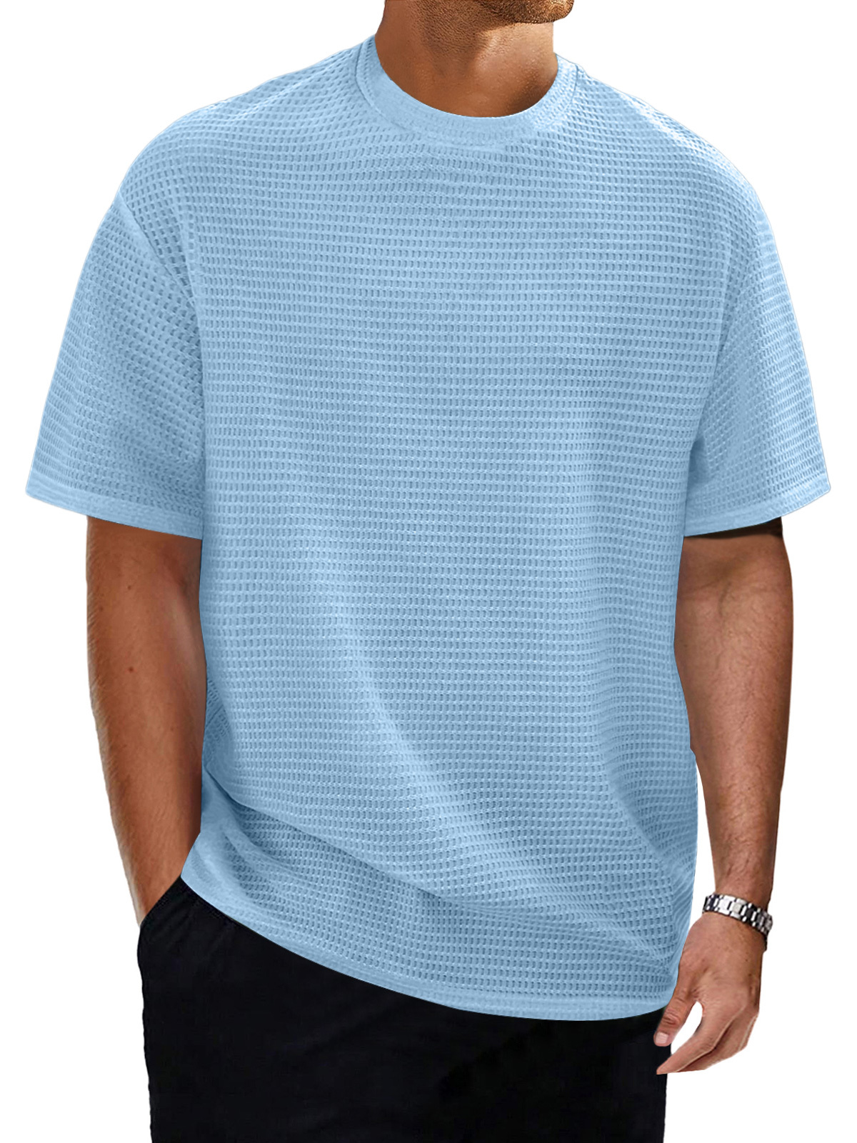 Men's casual round neck waffle texture solid color short-sleeved T-shi