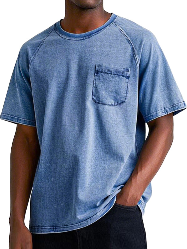 Men's Retro Round Neck Raglan Pocket Casual Short Sleeve T-Shirt