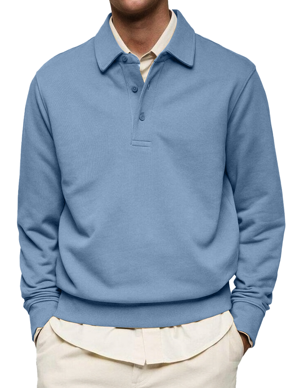 Men's Casual Solid Color Lapel Button Comfortable Polo Sweatshirt