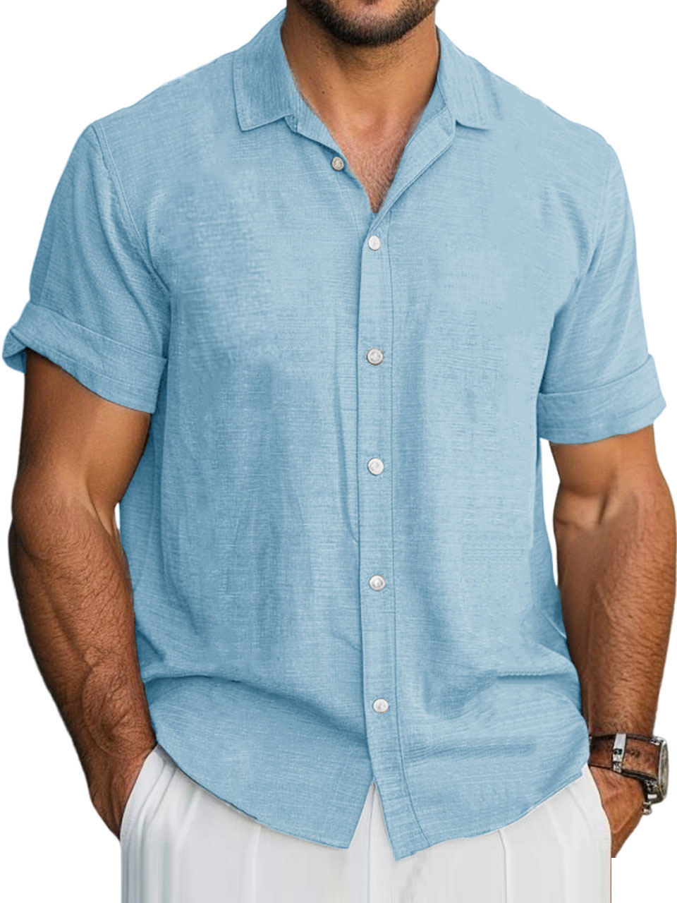 Men's Hawaiian Solid Lapel Short Sleeve Shirt