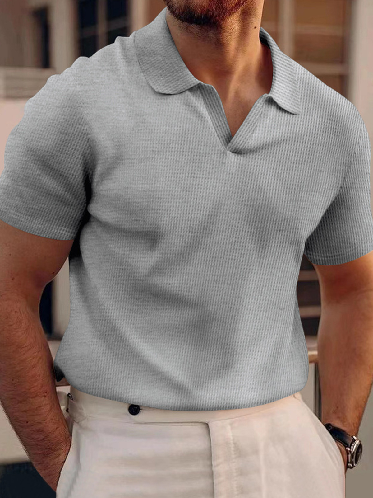Men's waffle polo V-neck short sleeve t-shirt