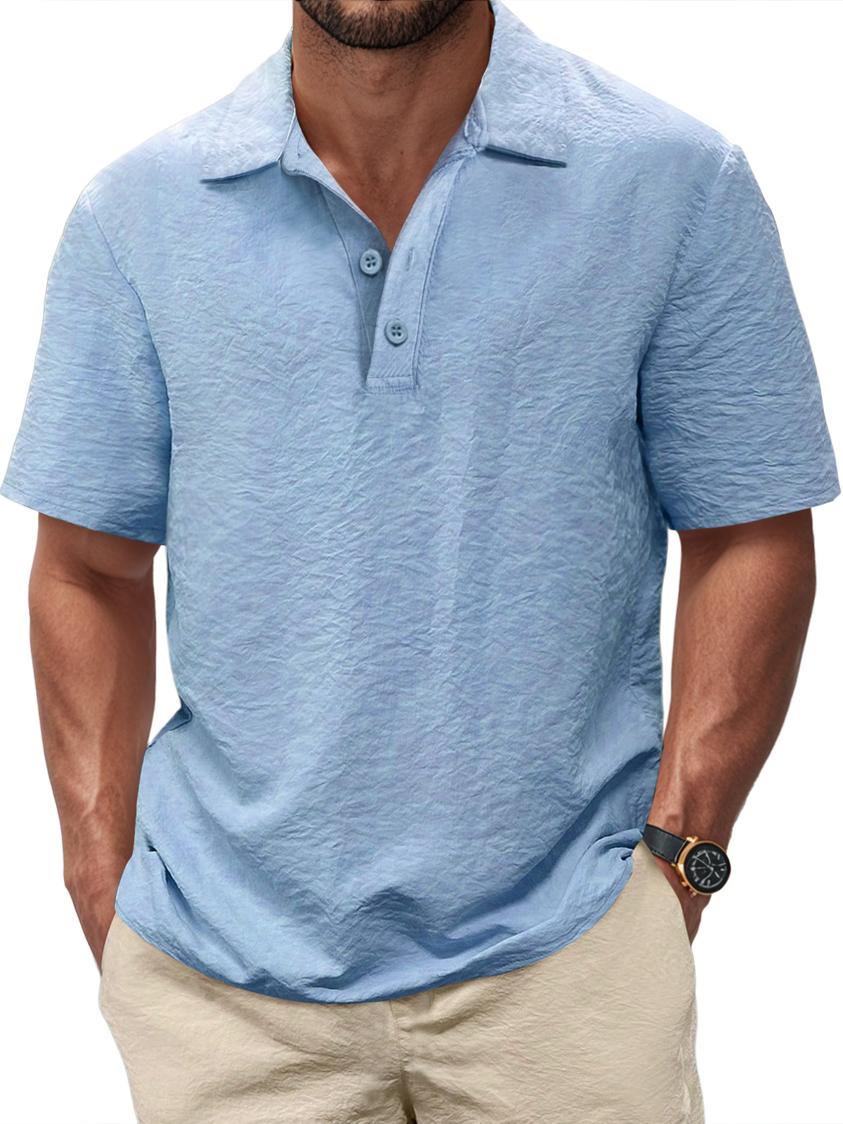 Men's Casual Pleated Texture Button Solid Color Short-sleeved Polo Shirt